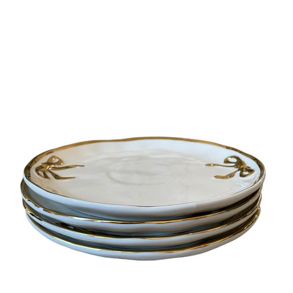 Hand Painted Coquette Gold Bow Salad Plates 9in White Ceramic Set of 4 Holiday - Picture 4 of 10